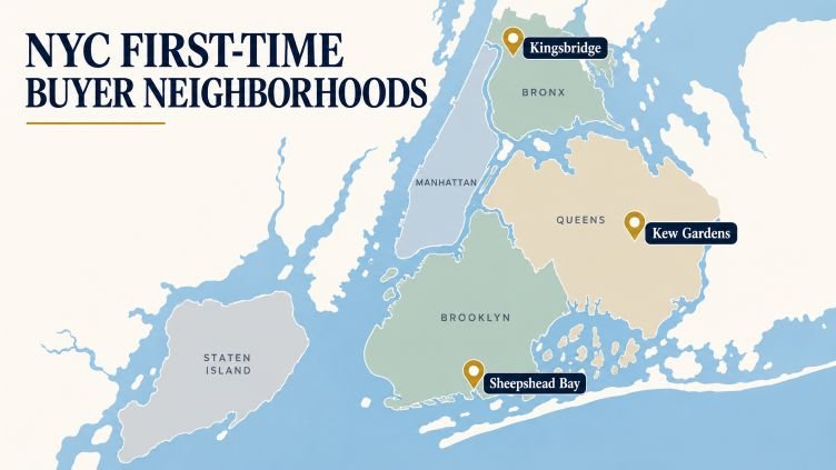 Map of NYC neighborhoods highlighted for first-time homebuyers