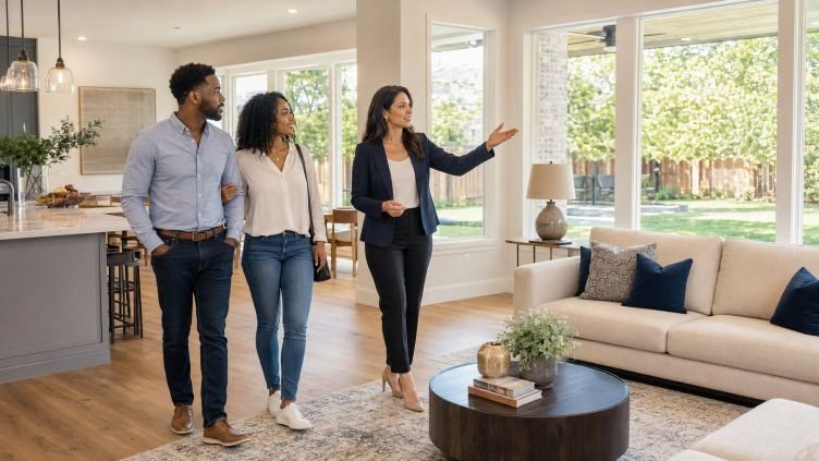 Buyers viewing a home with a real-estate professional in West Houston