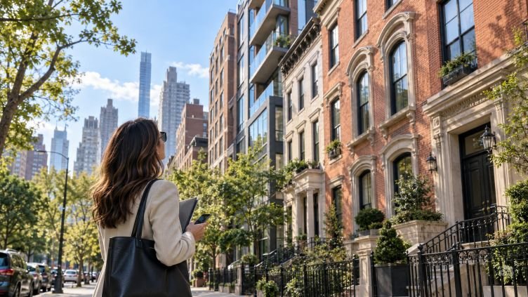 Homebuyer looking at New York City apartment buildings