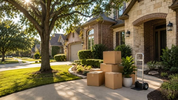 Moving boxes outside a home in a West Houston neighborhood