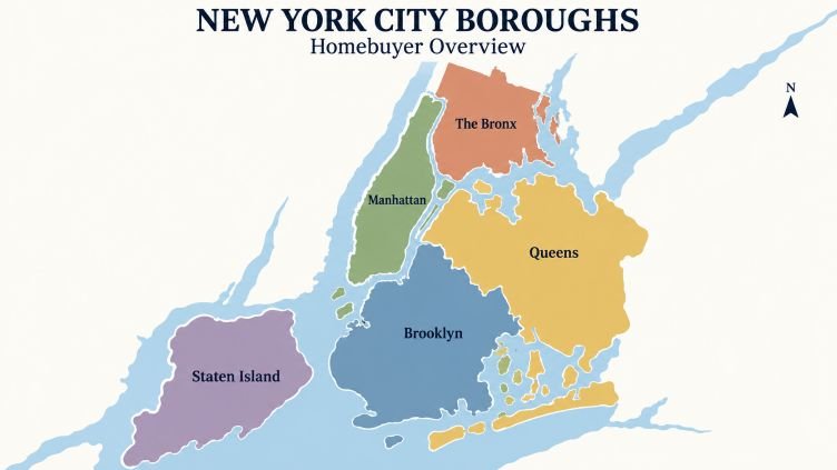 Map showing Manhattan, Brooklyn, Queens, the Bronx and Staten Island