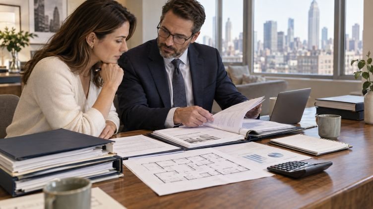 Buyer reviewing building and apartment documents before purchase