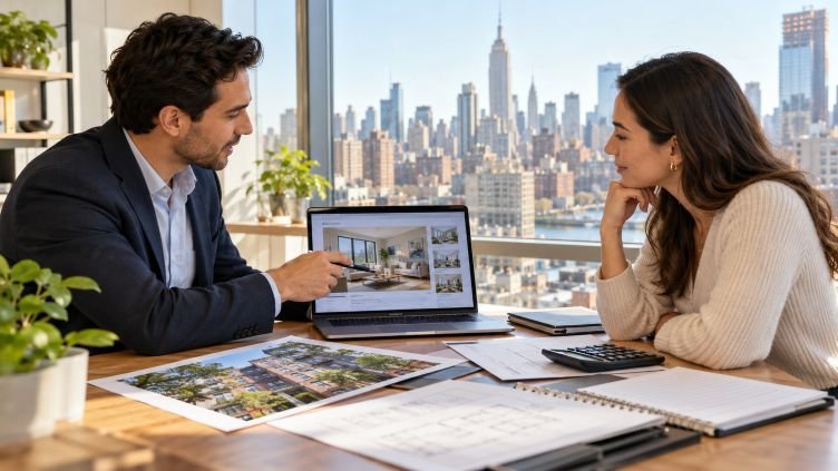 NYC homebuyer discussing purchase budget with a real estate professional