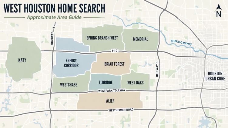 Map of major areas commonly included in West Houston home searches