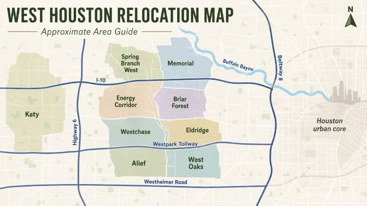 Map showing major West Houston areas and transportation corridors