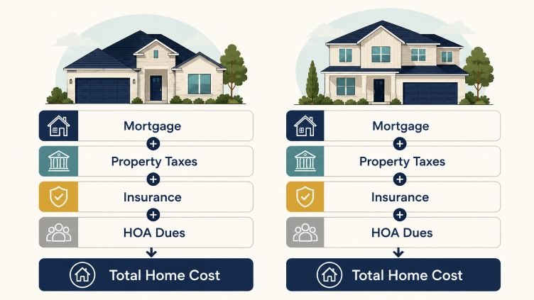 Homeownership cost comparison including mortgage, taxes, insurance and HOA dues